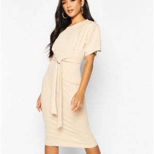 Boohoo Tie Waist Formal Wiggle Midi Dress